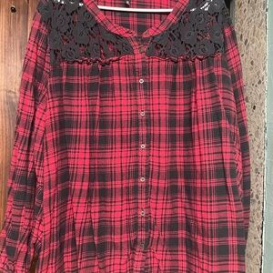 Massini Red and Black Plaid Lace Blouse